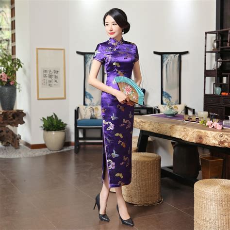 sexy purple traditional chinese women cheongsam satin rayon long qipao