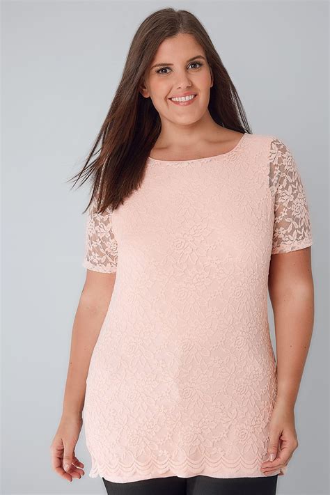 Nude Pink Lace Front Stretch Jersey Top With Scalloped Hem