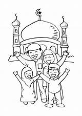 Muslim Family Mosque Happy Coloring Kids Illustration Cartoon Ramadan Pages Islam Islamic Eid Arabian Choose Board Flowers Vector sketch template