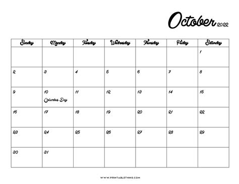 blank calendar template october  printable