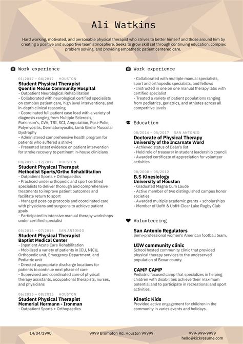 resume examples  real people physical therapist  houston medical