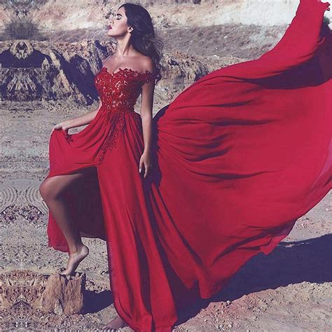 red off the shoulder prom gowns lace appliques split evening gowns