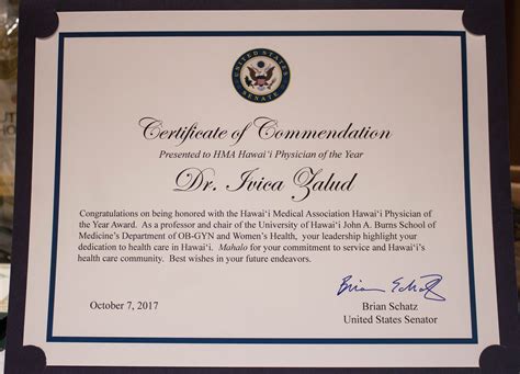 certificate  commendation   senator brian schatz  dr ivica