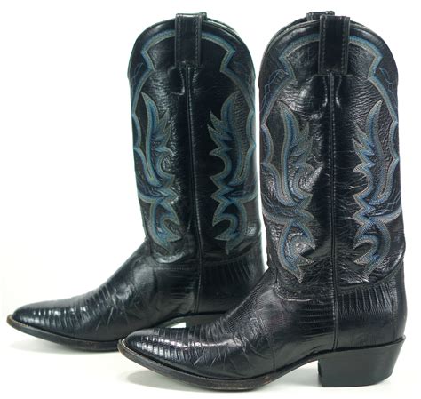 justin mens black teju lizard cowboy western boots vintage