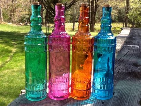 4 Colored Glass Bottles Vintage Wedding Decor By Festivalreglass