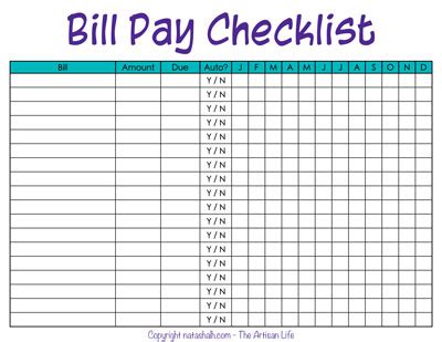 printable bill payment checklists  bill trackers  artisan life