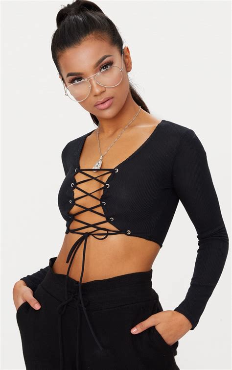 black rib lace up front long sleeve crop top prettylittlething