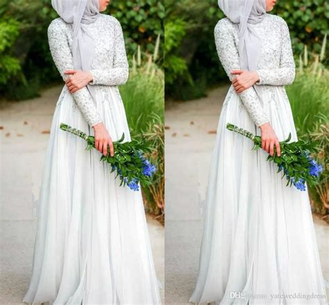 Discount Muslim Wedding Dresses With Hijab Simple Pure White Beaded C
