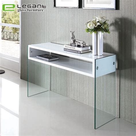 China Curved Glass Console Table With High Gloss White Mdf