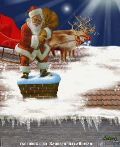 A Santa Clause Standing On Top Of A Roof Next To A Reindeer And Sleigh