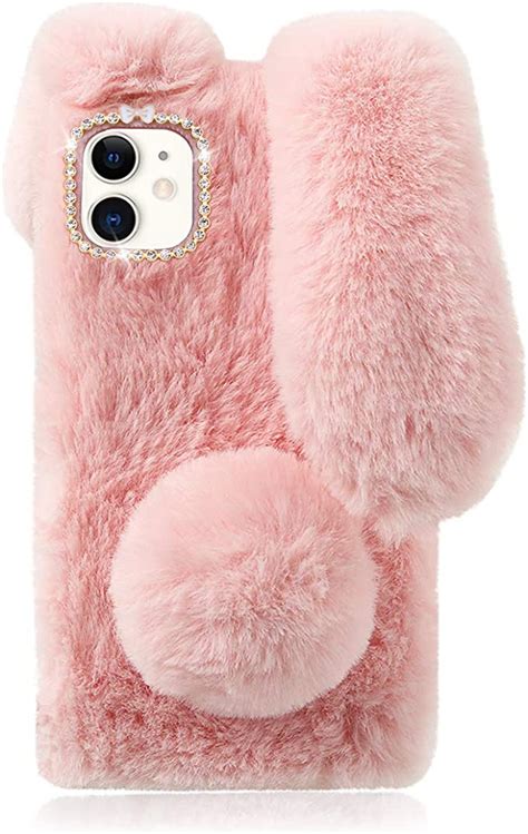 mikikit cute cover fluffy bunny case for apple iphone 11 pink furry