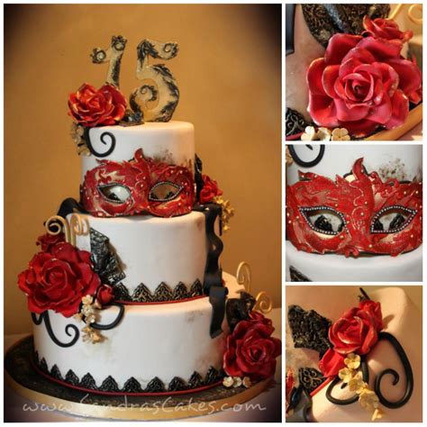 a three tiered cake decorated with red roses and a masquerade mask on top