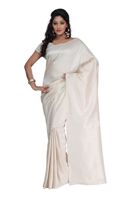 White Plain Silk Saree With Blouse Fabdeal Pvt Ltd 563288