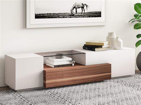 contemporary wooden tv stand  white lacquer  walnut detroit