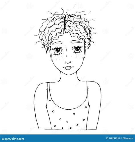 portrait young beautiful girl   long hair coloring page stock