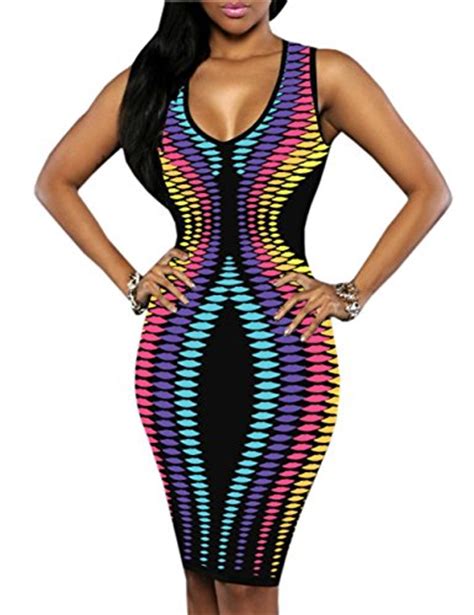 ninimour womens sleeveless stripe print slim fit package hip bodycon dress