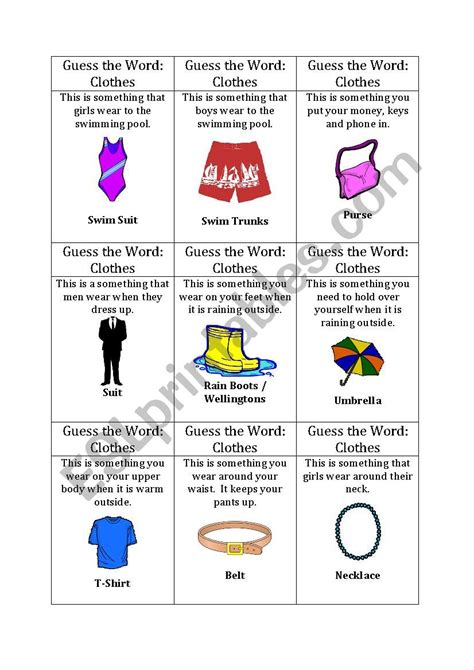 Guess The Word Game Clothes 2 Esl Worksheet By Breanne