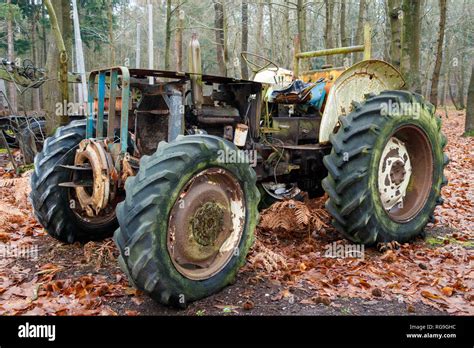 disused logging tractor   managed woodland  norflk uk stock photo