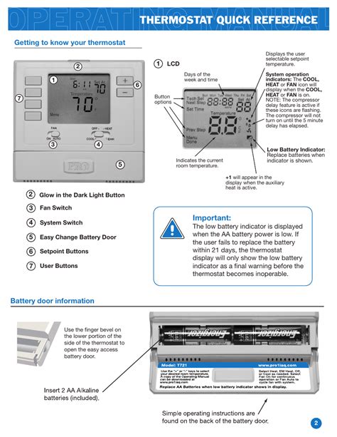 thermostat quick reference important battery door information pro  operation manual