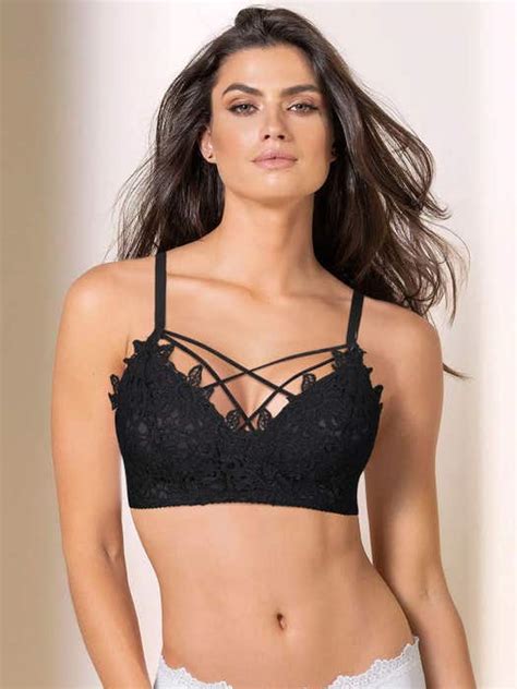 shyle black lace criss cross strappy neckline padded bralette