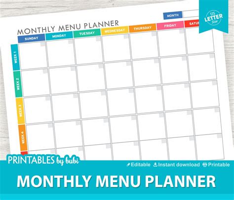 monthly meal planner printable editable instant   meal