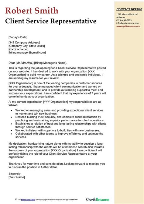 client service representative cover letter examples qwikresume