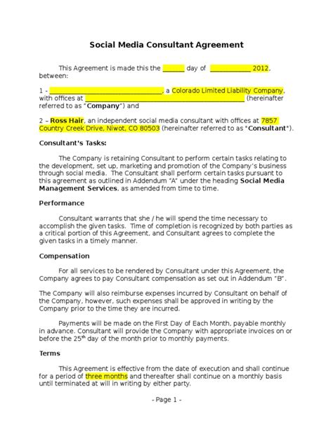 printable social media contract template printable templates