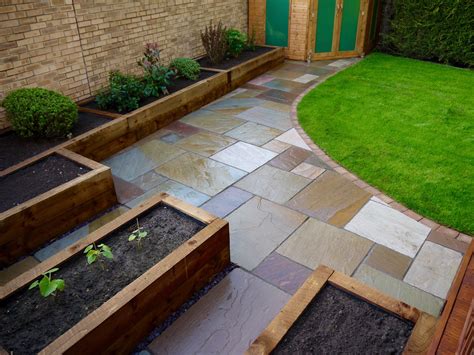 maintenance gardens raised sleepers sandstone patio turfing garden