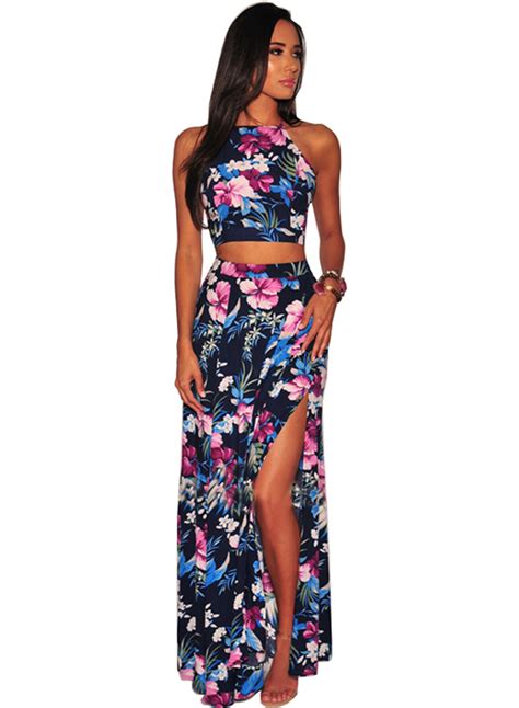 summer floral printed sleeveless backless lace up crop top slit skirt