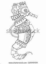 Steampunk Mechanical Animal Sea Shutterstock Vector Horse Style Stock Coloring Preview sketch template