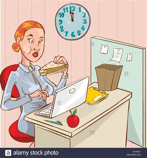 vector illustration of a eating woman in the office stock vector image