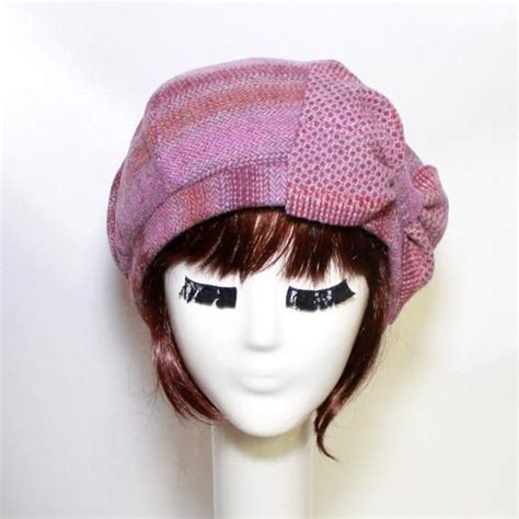 Pink Beret Hat Bow Striped Wool Beret Hat Bow Wool Beret