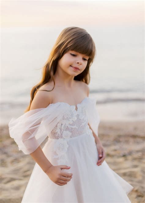 a line off shoulder white lace tulle beaded flower girl dress