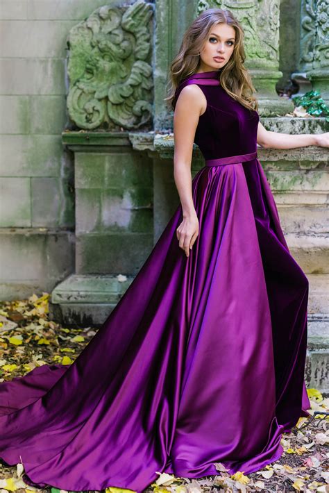 Jovani 41319 Purple Long Velvet Satin Column Gown