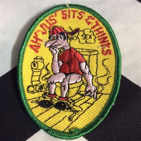 embroidered patch ah jus sits thinks man  toilet