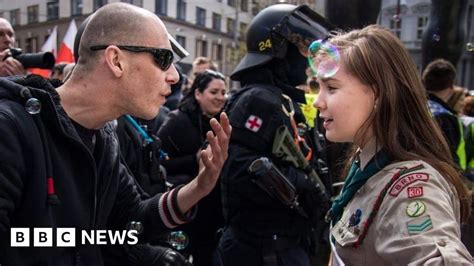 photo of czech girl scout standing up to skinhead goes viral bbc news