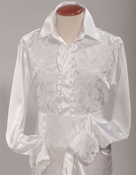white satin ruffled shirt with pearl floral embroidered black satin