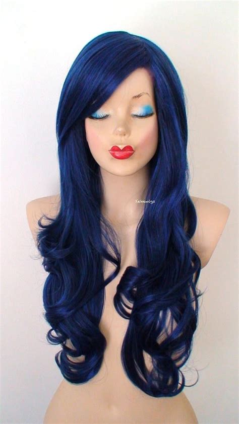 black blue wig long curly hair long side bangs wig