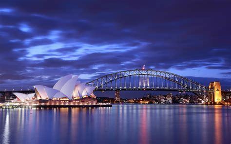 australia sydney opera house bridge evening lights buildings