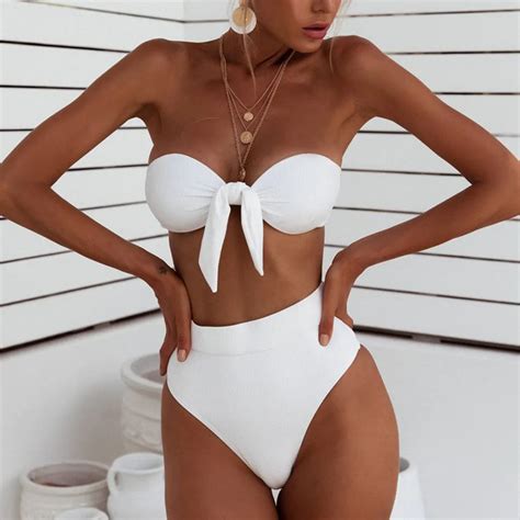 Swim Suit White High Waist Women Bandeau Bandage Bikini Set Push Up