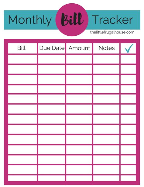 monthly bill tracker printable   frugal house