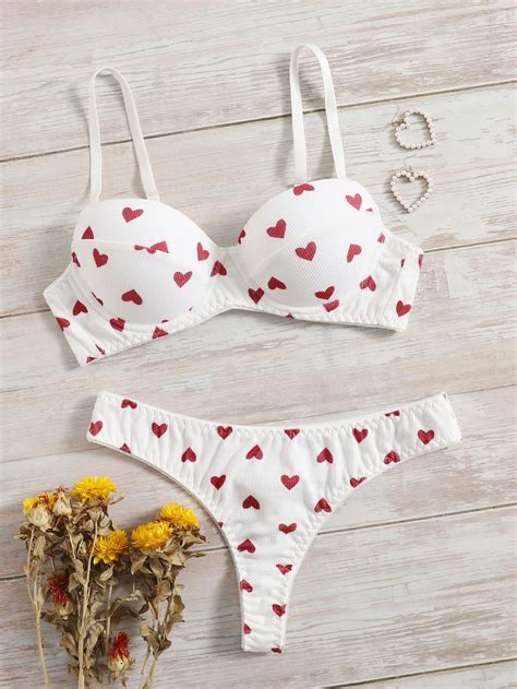Red And White Cute Polyester Heart Slight Stretch Women Intimates Cute