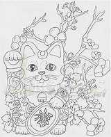 Cat Coloring Lucky Maneki Neko Tabby Diy sketch template