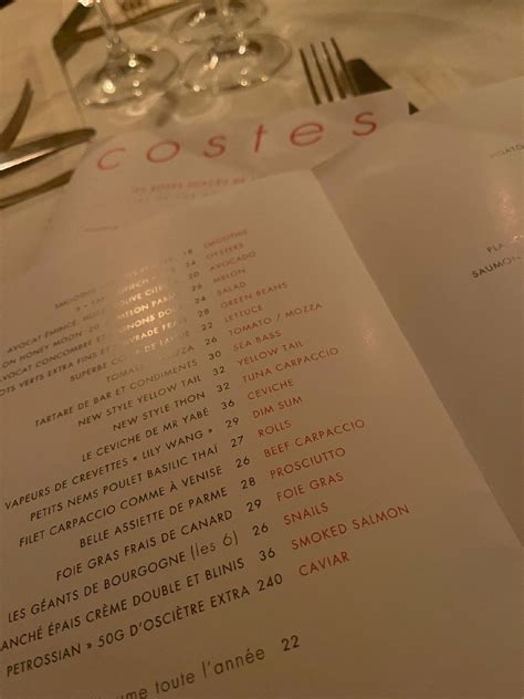 menu au hotel costes pub  bar paris  rue saint honore