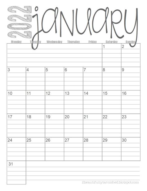 2022 Monday Start Lined Monthly Calendars 8 5x11 Portrait Etsy