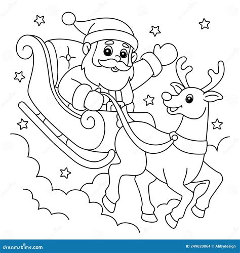 christmas santa sleigh  reindeer coloring page stock vector