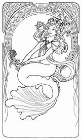 Coloring Mermaid Pages Adults Printable Detailed Line Mucha Deviantart Detail sketch template