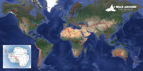 de route om als eerste mens de wereld rond te lopen  alle continenten