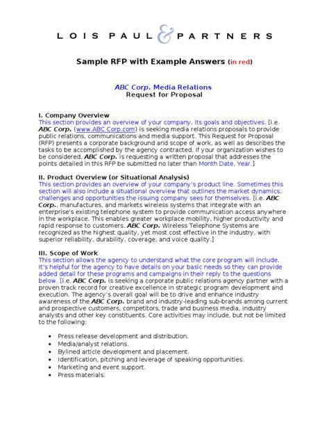 rfp sample  request  proposal public relations