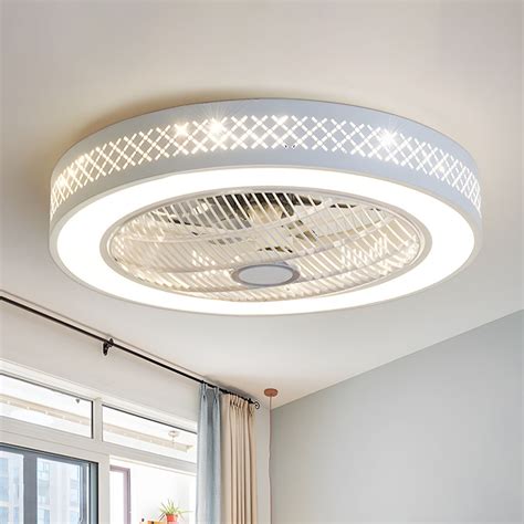 circular metallic led semi flush mount modernist bedroom ceiling fan lighting  white